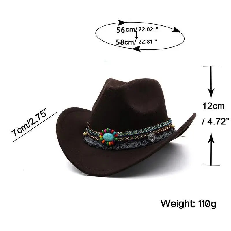 Wool Tassel Belt Western Fedora Hat