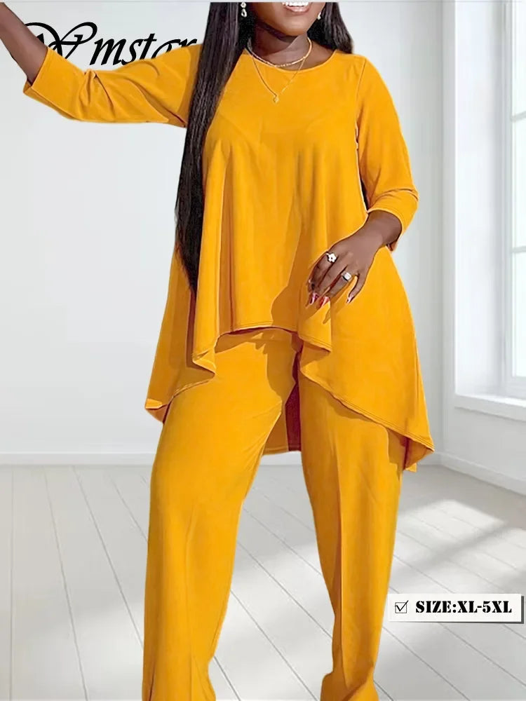 Plus size solid tunic top and pants set, mustard yellow with three-quarter sleeves