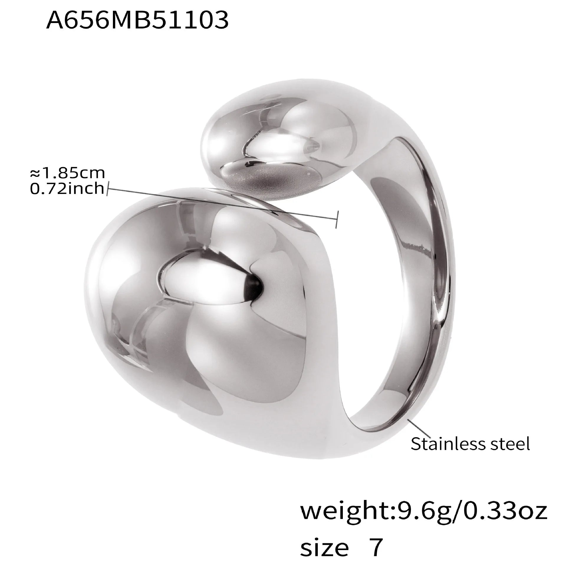 Silver-tone open ring with dark enamel inset and clear zircon stones, chunky domed top