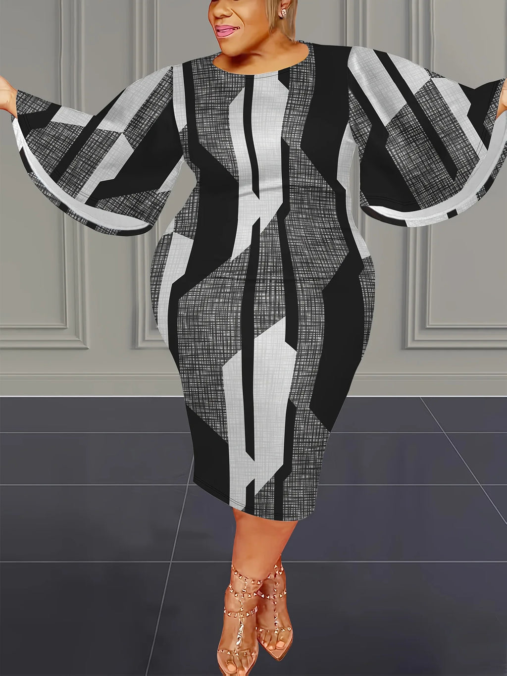 Plus size midi dress, loose fit O-neck, empire waist, gray white and black striped print