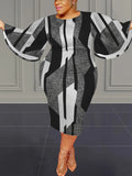 Plus size midi dress, loose fit O-neck, empire waist, gray white and black striped print