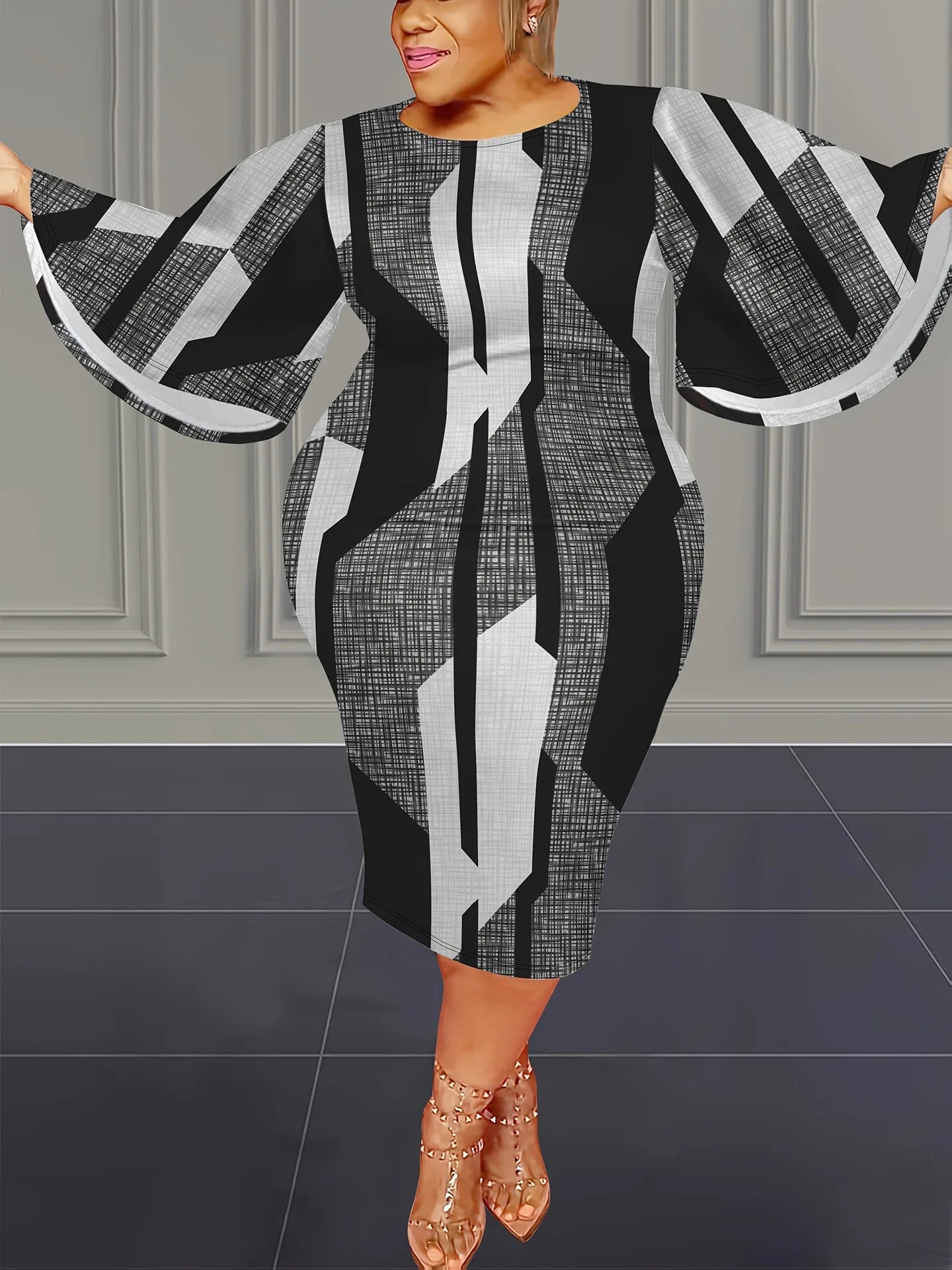 Plus size midi dress, loose fit O-neck, empire waist, gray white and black striped print