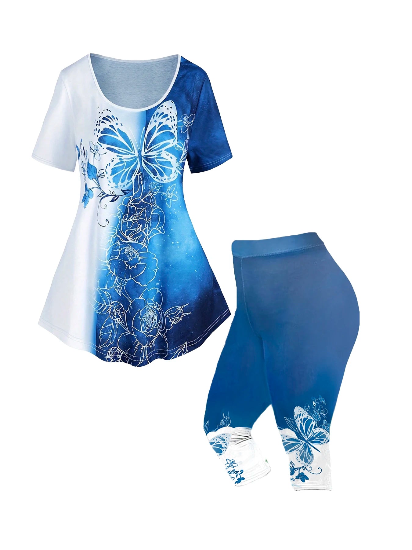 Women's plus size butterfly print set: light blue top and matching capri pants