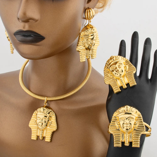 Gold 4-piece bridal jewelry set: lion-head necklace, matching earrings, bracelet, ring
