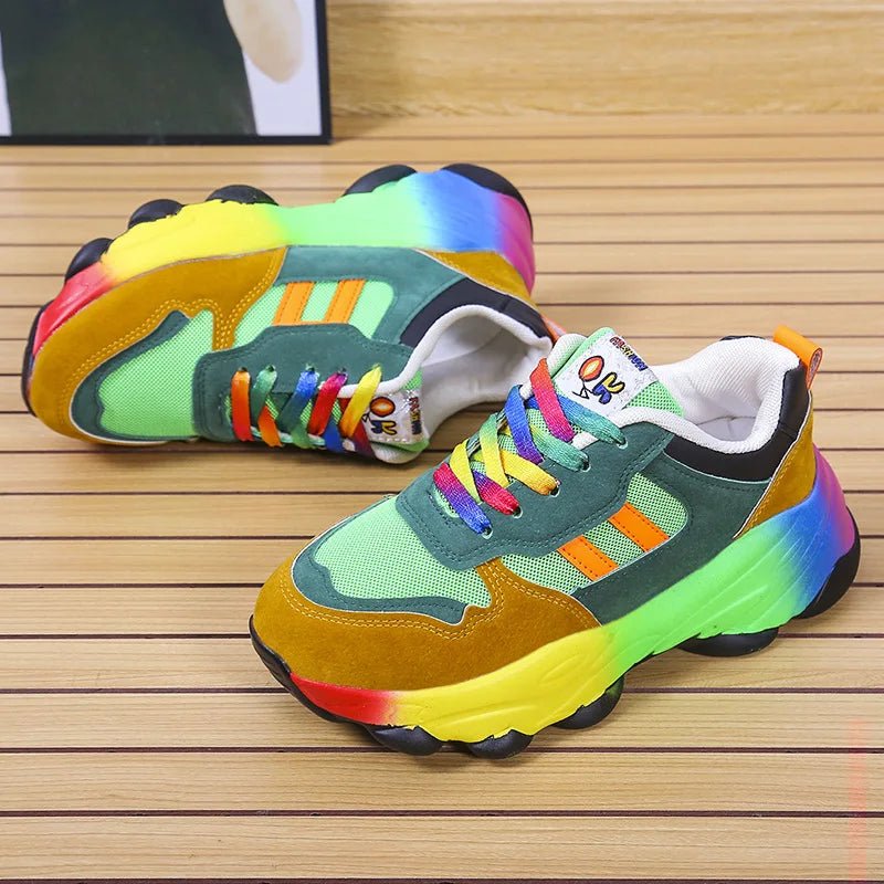 Women's colorful platform sneakers, lace-up, mint and yellow with rainbow gradient sole