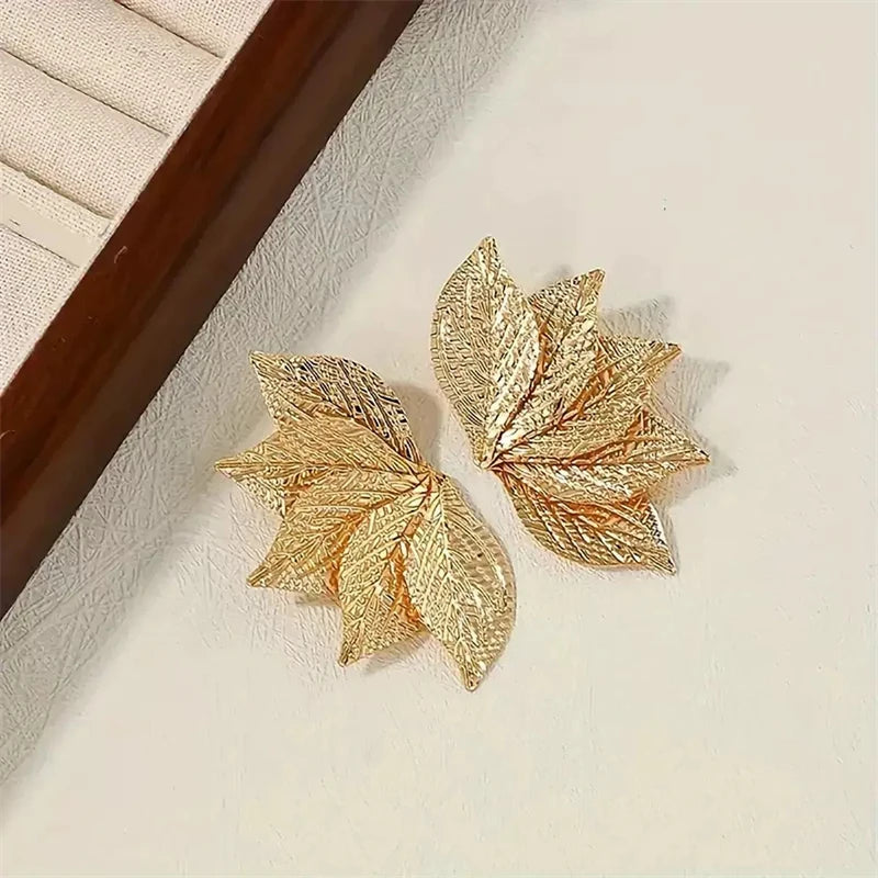 Oversized Gold Leaf Drop Earrings | Exaggerated Plant Drop Earrings for Women