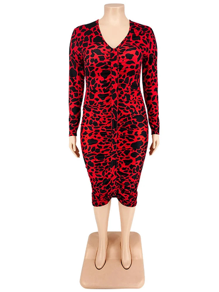 Women's plus size V-neck bodycon dress, red leopard print, long sleeves (on mannequin)