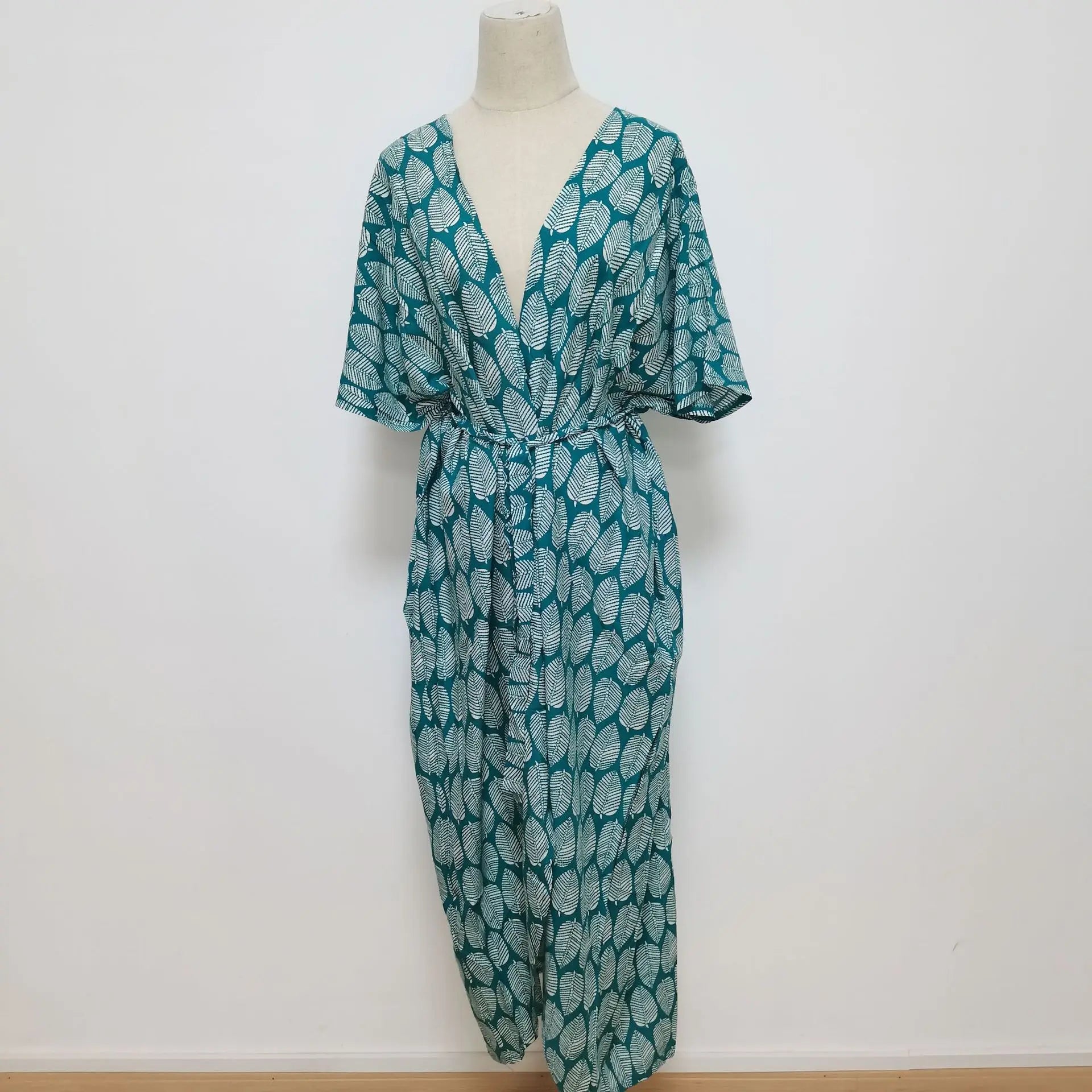 Teal snake-print kimono beach cover-up dress with V-neck and tie waist