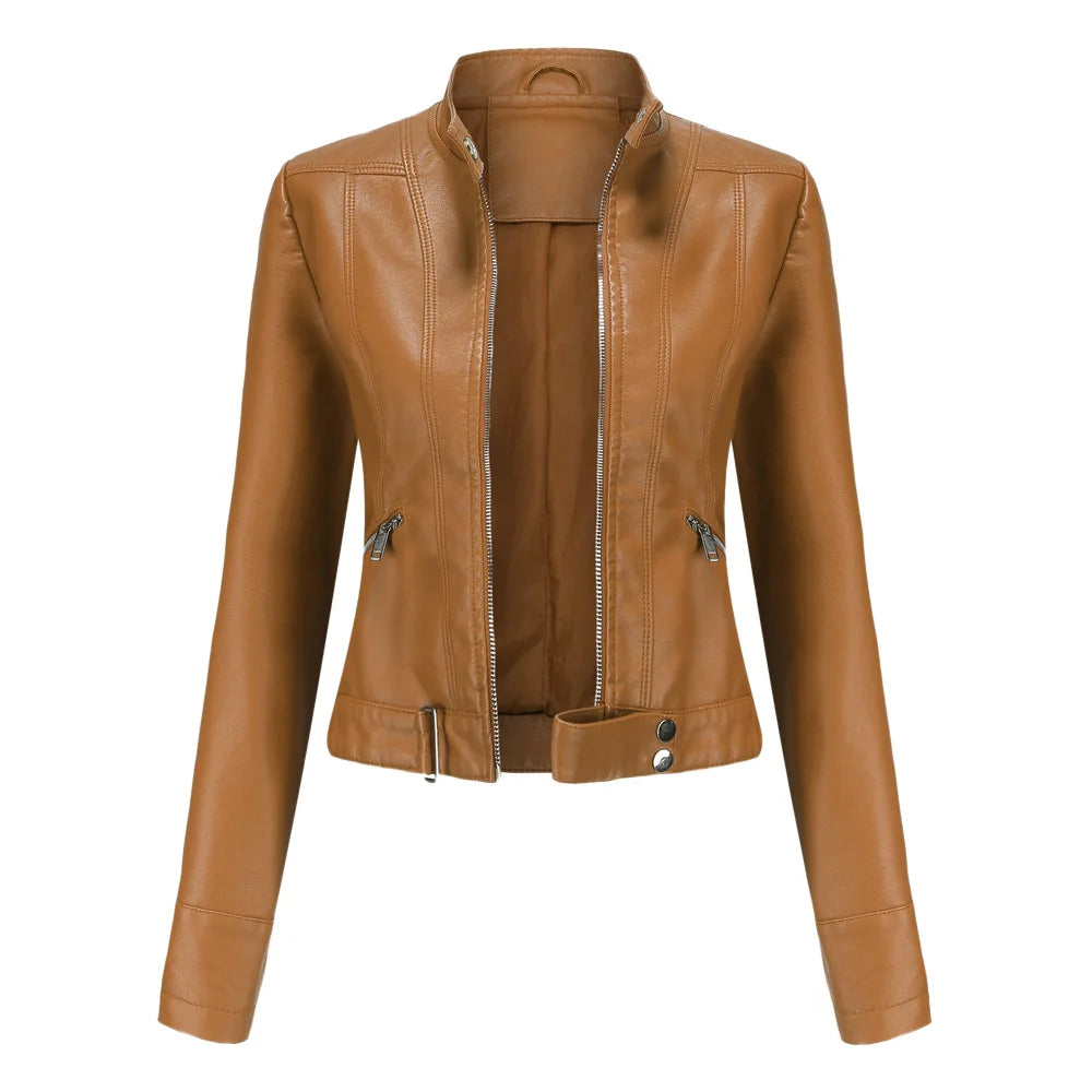 Brown faux leather zip-up moto jacket with mandarin collar and silver zippers