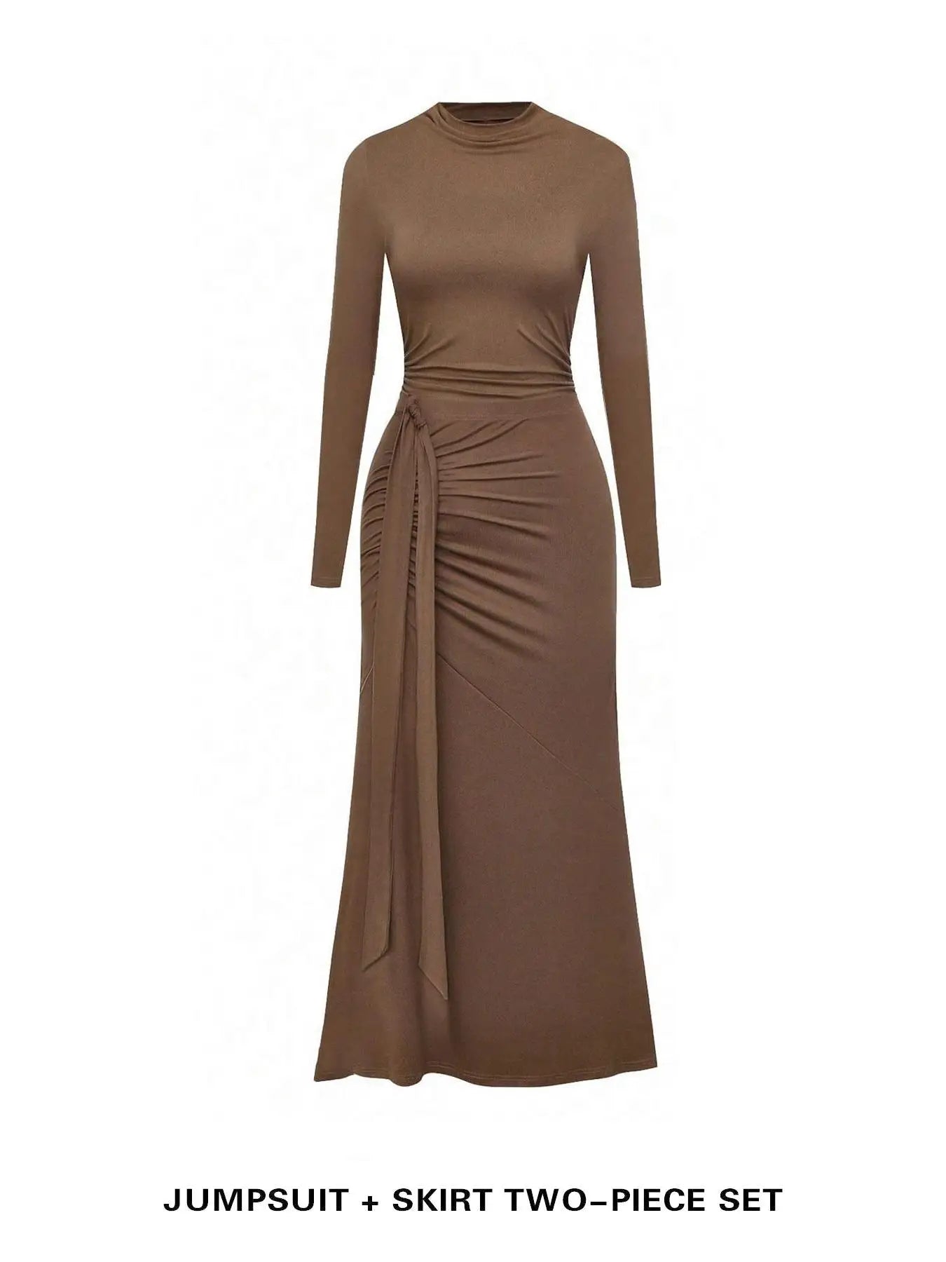 Brown long-sleeve ruched bodysuit with draped ankle-length skirt, two-piece set