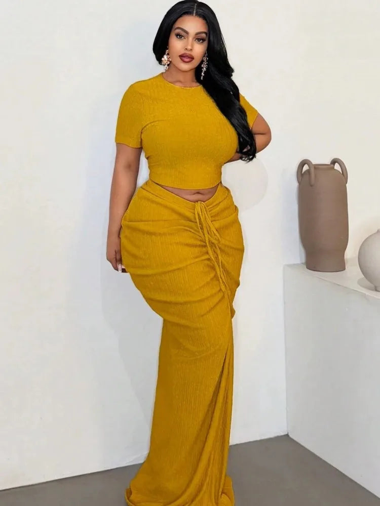 Yellow short-sleeve crop top with gathered ruched waist long skirt 2-piece set