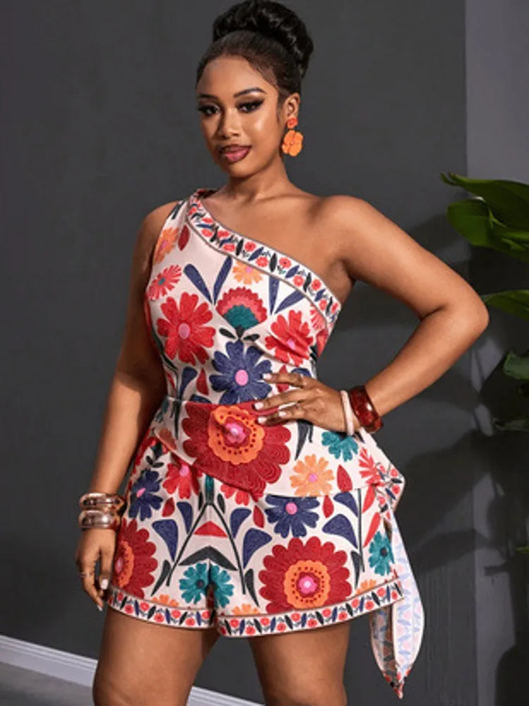 Red floral one-shoulder top and matching shorts set, sleeveless
