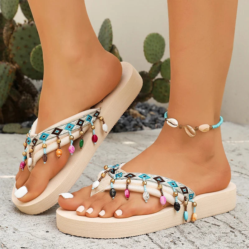 Colorful Beaded Clip Toe Sandals Women 2026 Summer Beach Tassel Flip Flops Woman Non Slip Plus Size EVA Platform Slippers Shoes