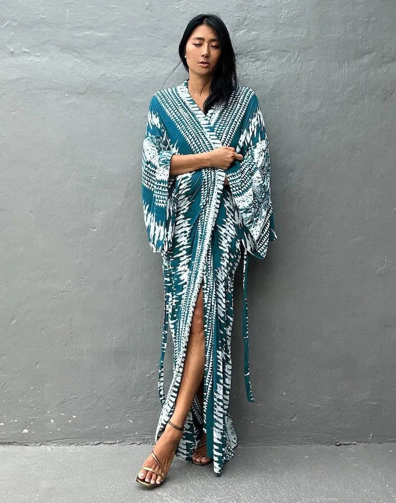 Tie Dye Kimono Wrap Dress | Self-Belted Beach Cover-Up for Women