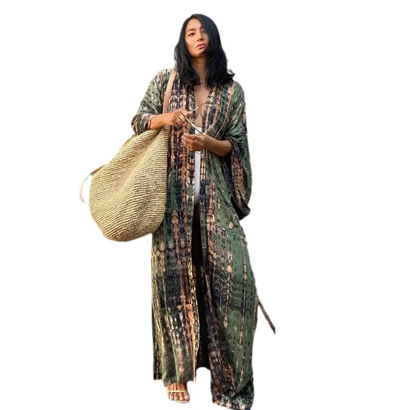 Tie Dye Kimono Wrap Dress | Self-Belted Beach Cover-Up for Women