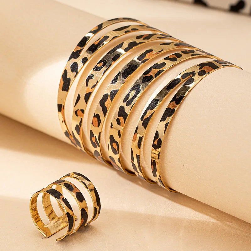 Leopard Print Bracelet & Ring Set | 2pc Hollow Striped Stainless Steel Jewelry