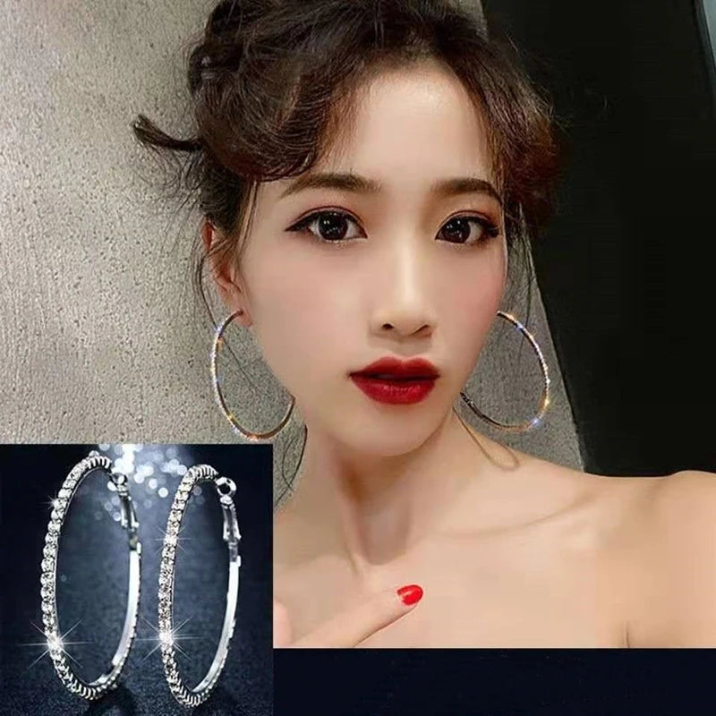 Crystal Rhinestone Big Hoop Earrings | 30–80mm Circle Hoops in Gold, Silver, Black & Rose Gold