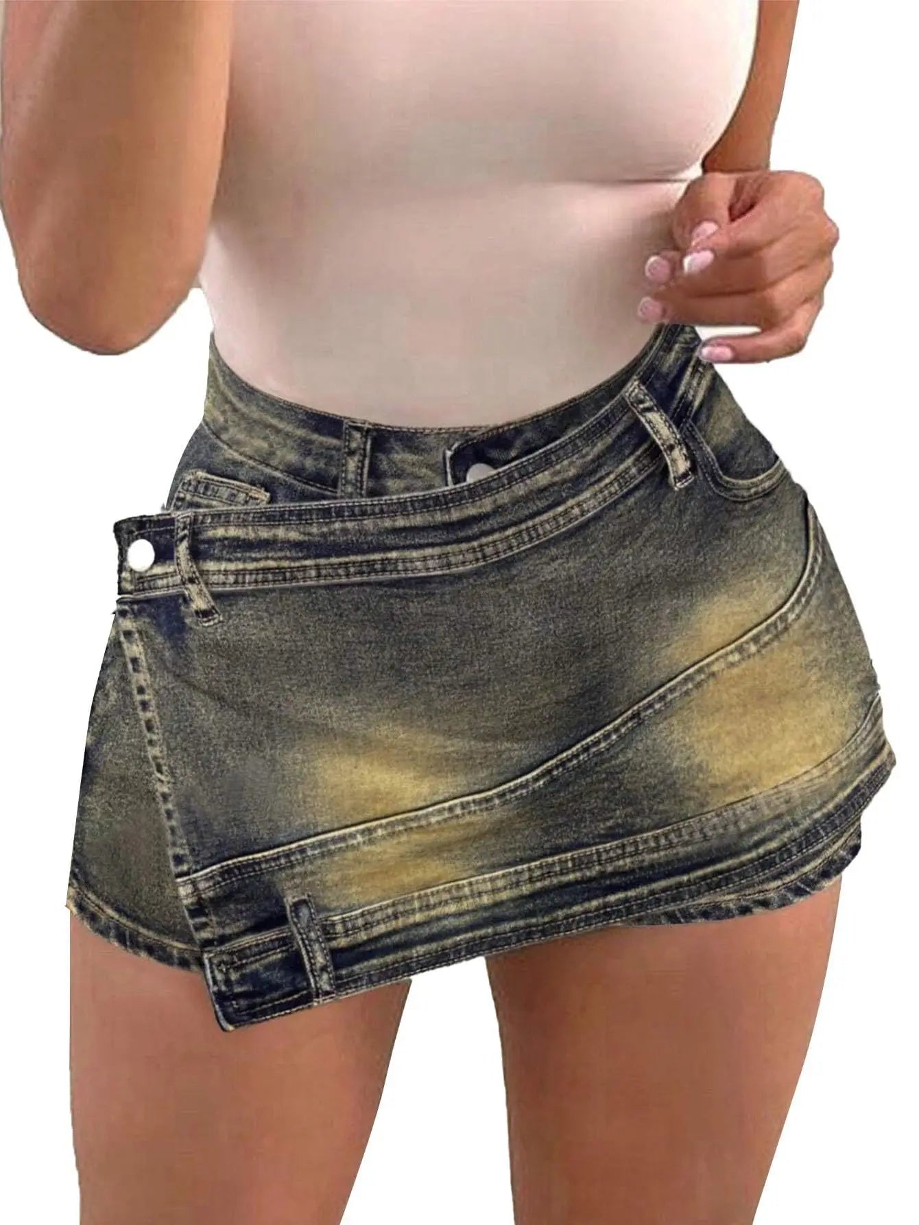 High-waist washed denim shorts with button front and layered front panel