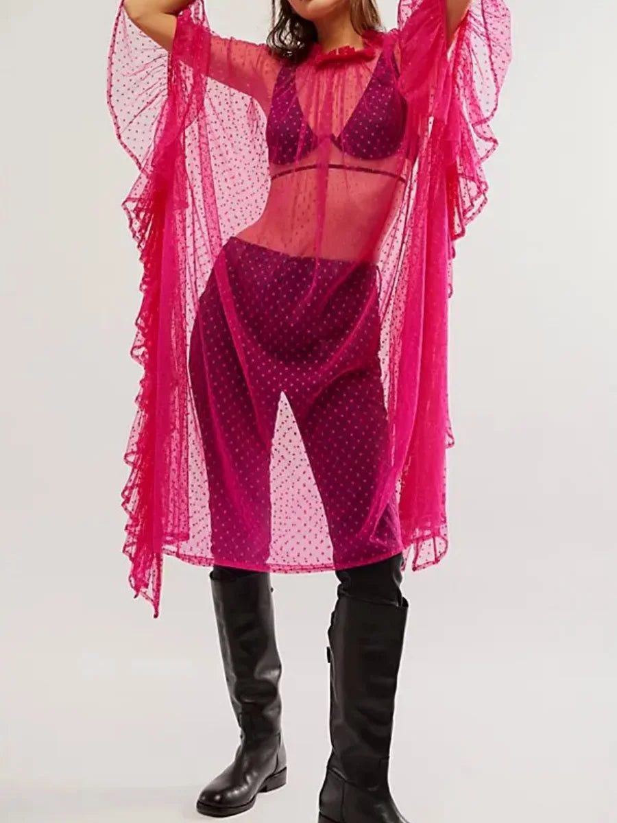 Sheer bright pink poncho cover-up with dotted mesh and ruffled sleeves