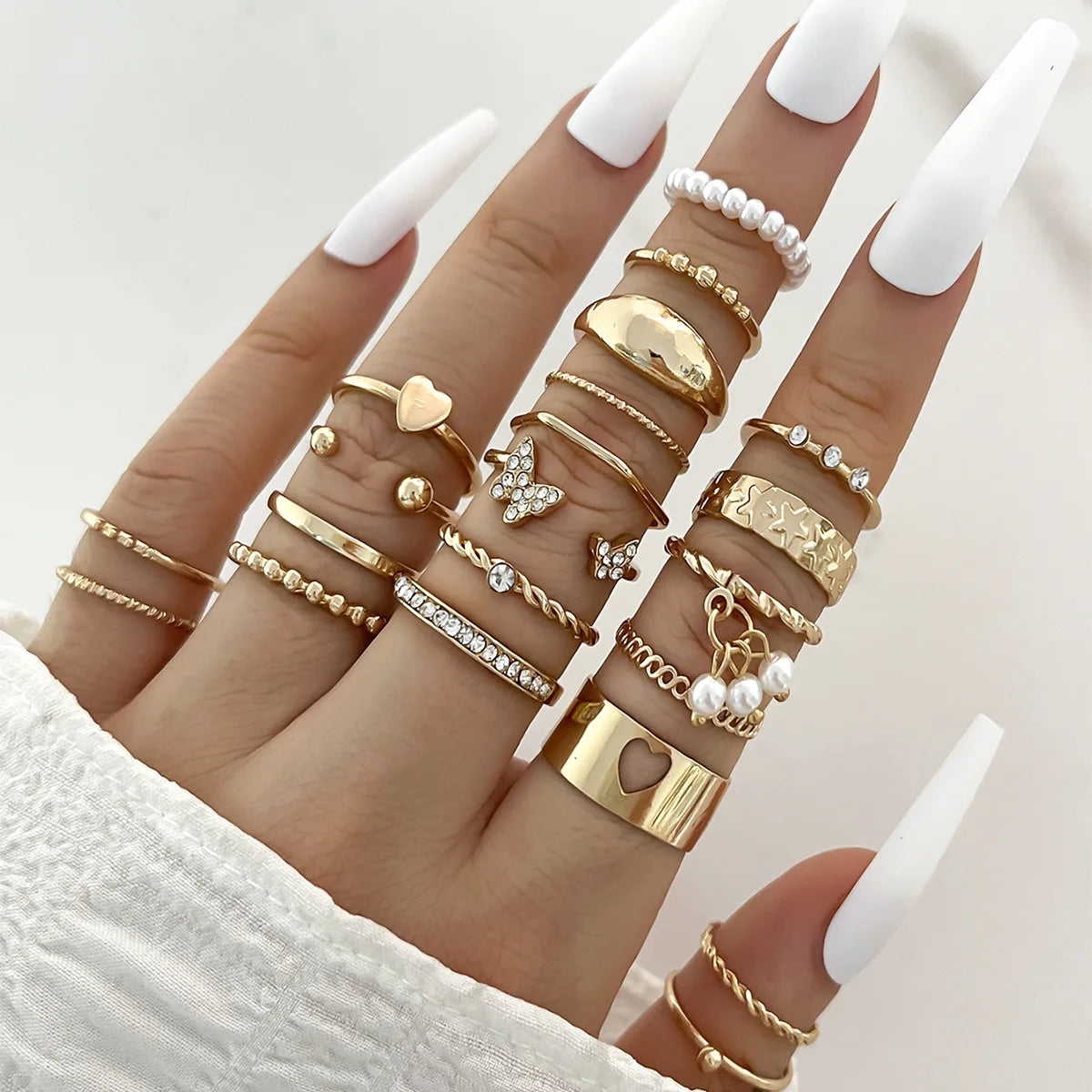 Crystal Wave & Heart Ring Set | Bohemian Stackable Rings for Women