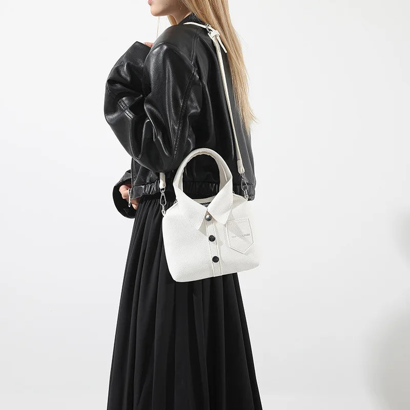White square crossbody bag in PU leather with top handle, chain strap, front pocket