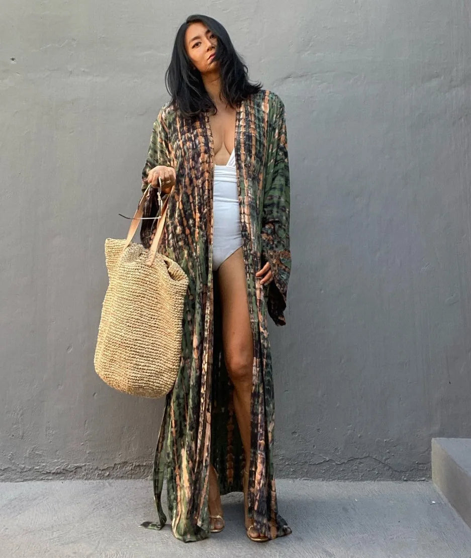 Tie Dye Kimono Wrap Dress | Self-Belted Beach Cover-Up for Women