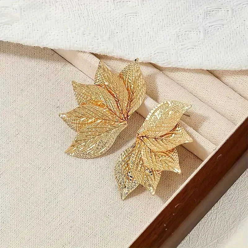 Oversized Gold Leaf Drop Earrings | Exaggerated Plant Drop Earrings for Women