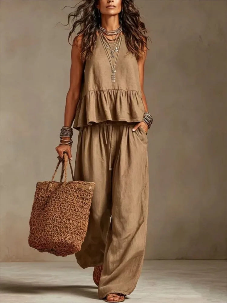 Tan sleeveless tiered ruffle top with matching wide-leg trousers