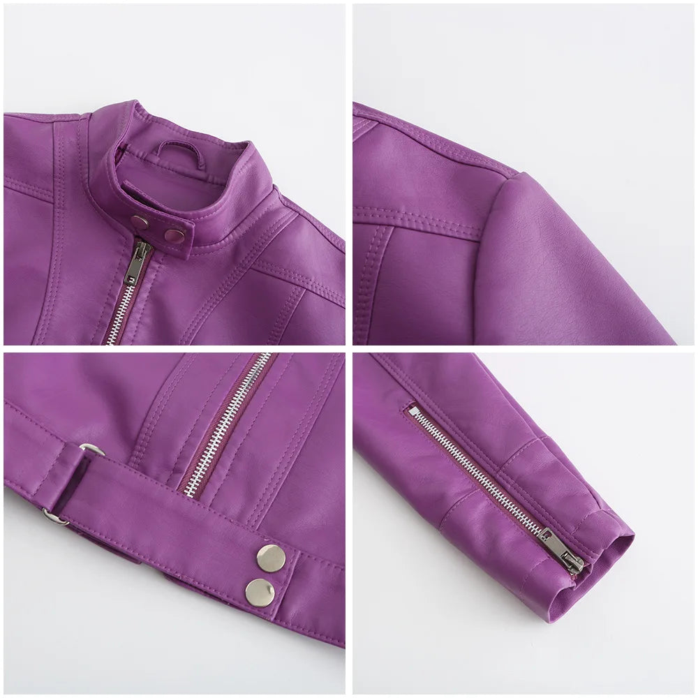 Purple faux leather jacket detail showing front zipper, snaps, and zipper pocket