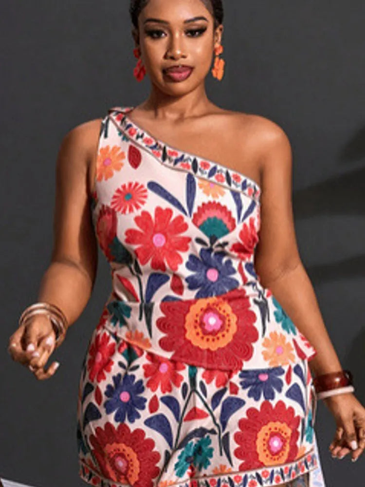 Red floral one-shoulder top and matching shorts set, flared hem