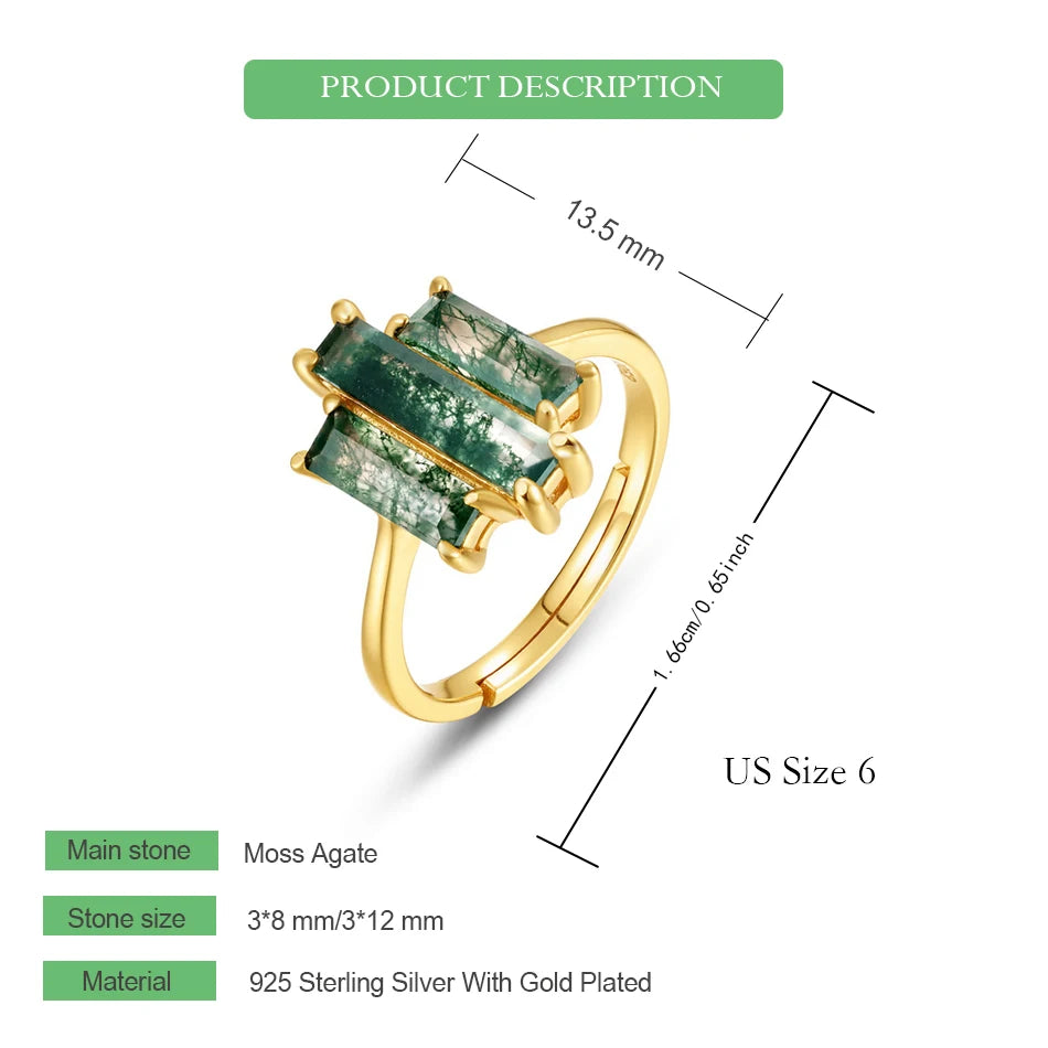 Moss agate three-stone ring diagram, green rectangular stones in gold-plated sterling silver
