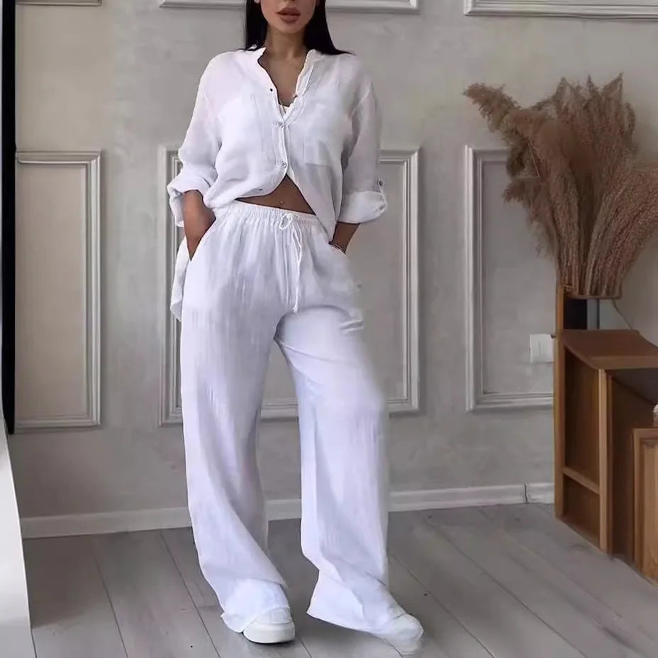 Women's plus size linen button-front shirt and drawstring pants set, white