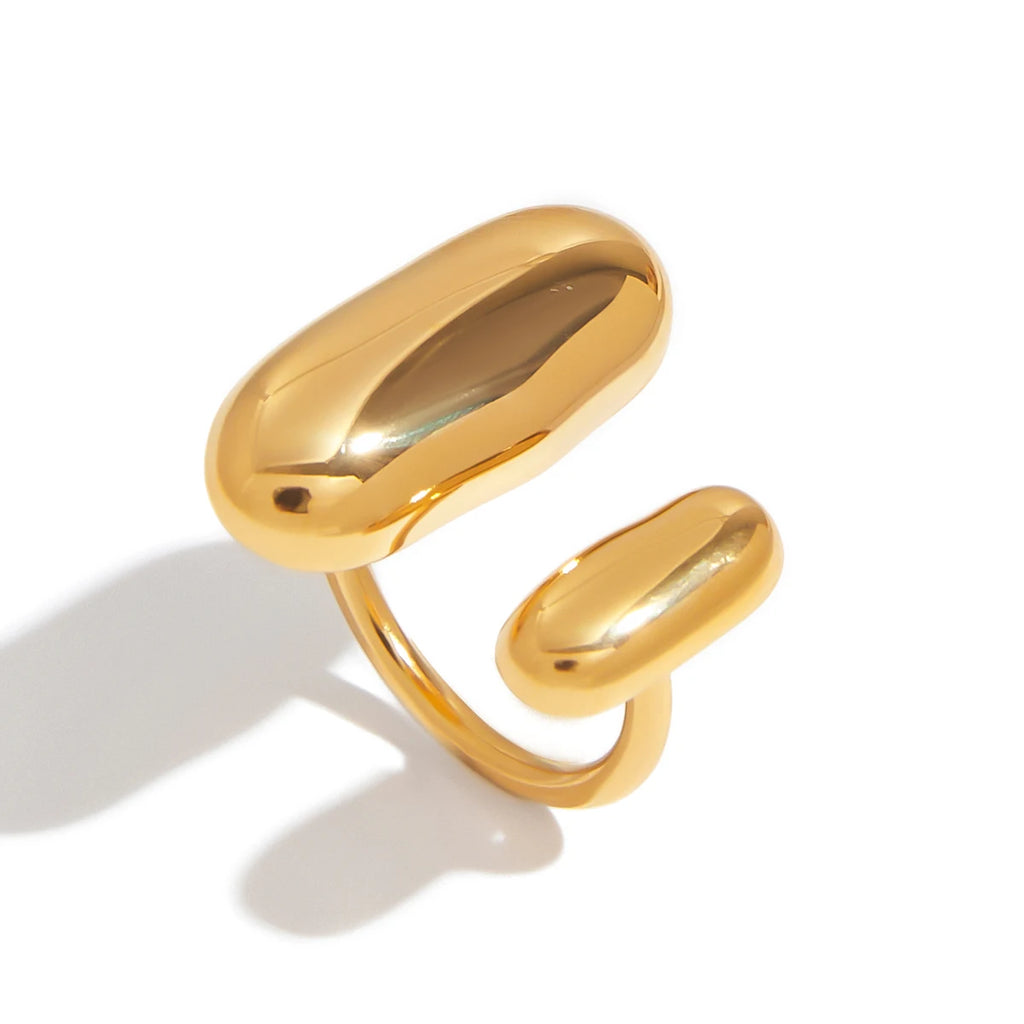Gold geometric oval open ring with two polished oval bands, wide open front