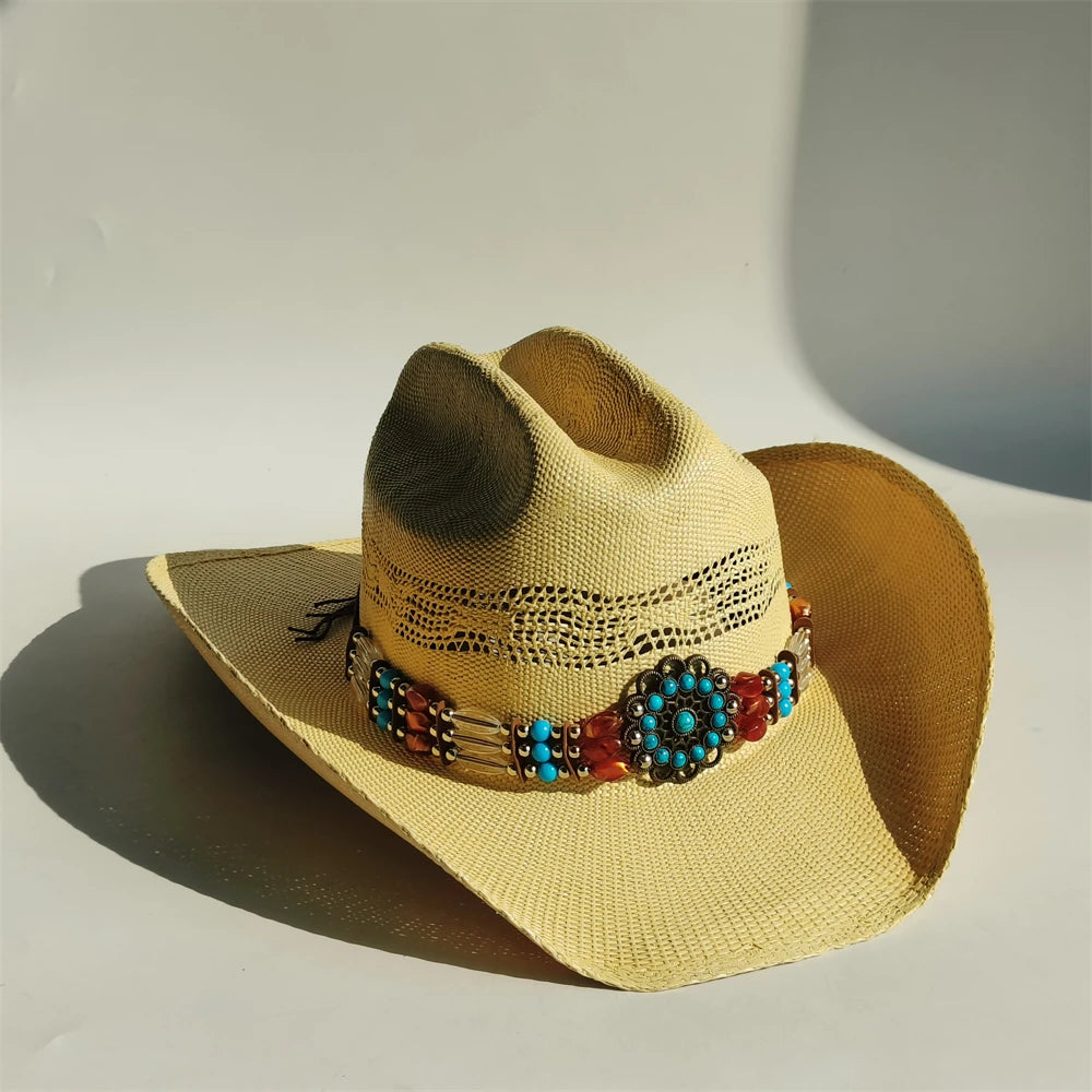 Western Straw Cowboy Hat with Turquoise Bolo Tie