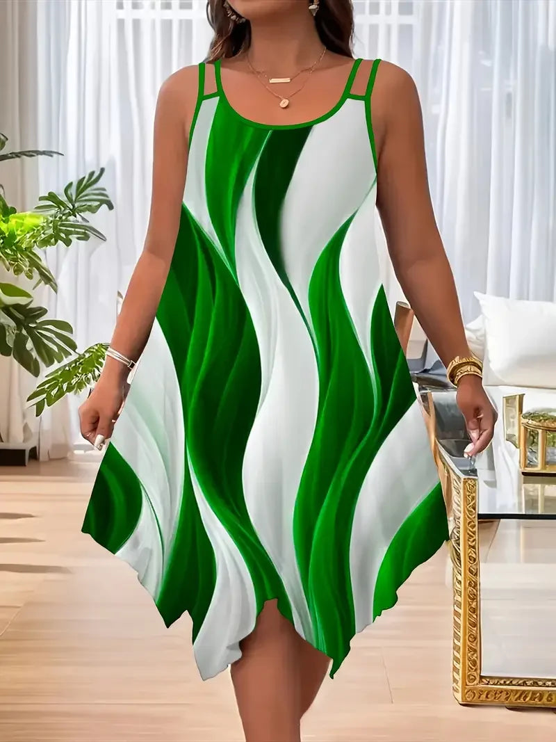 Women’s plus size asymmetrical geometric stripe dress with double spaghetti straps, green/white