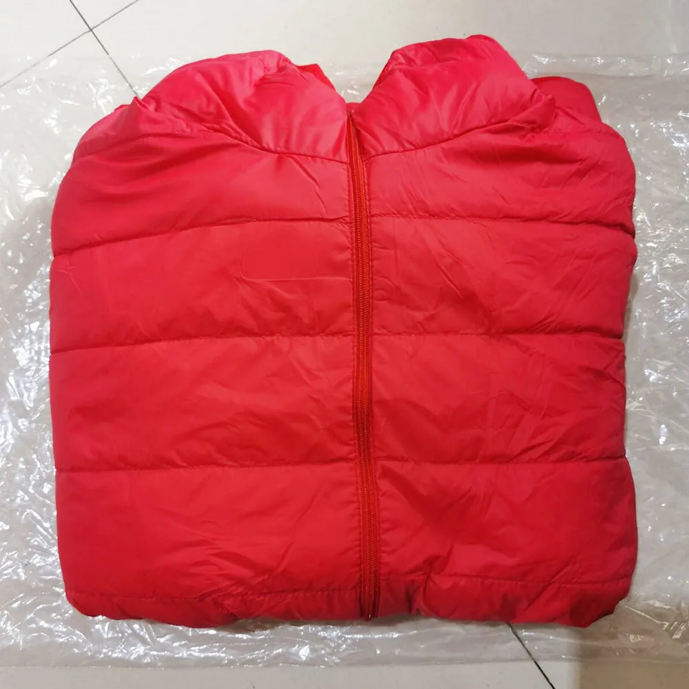 Women’s short puffer jacket, vivid red, zip-front and hooded neckline