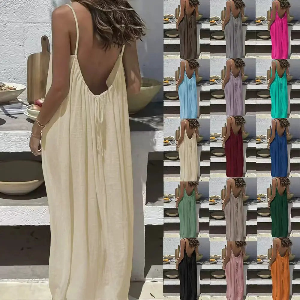 Women's open-back maxi dress with spaghetti straps, loose fit, gathered back (cream)