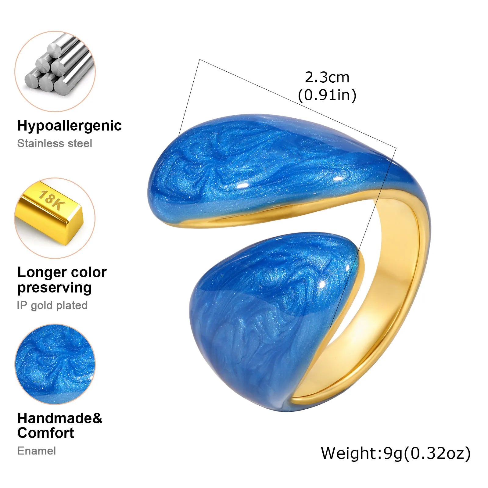Chunky enamel crossover ring with cobalt-blue stone, gold-tone stainless steel band