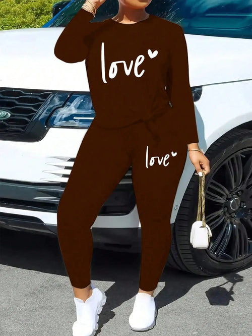 Brown love-letter long-sleeve top and tight-leg elastic-waist pants set, round neck