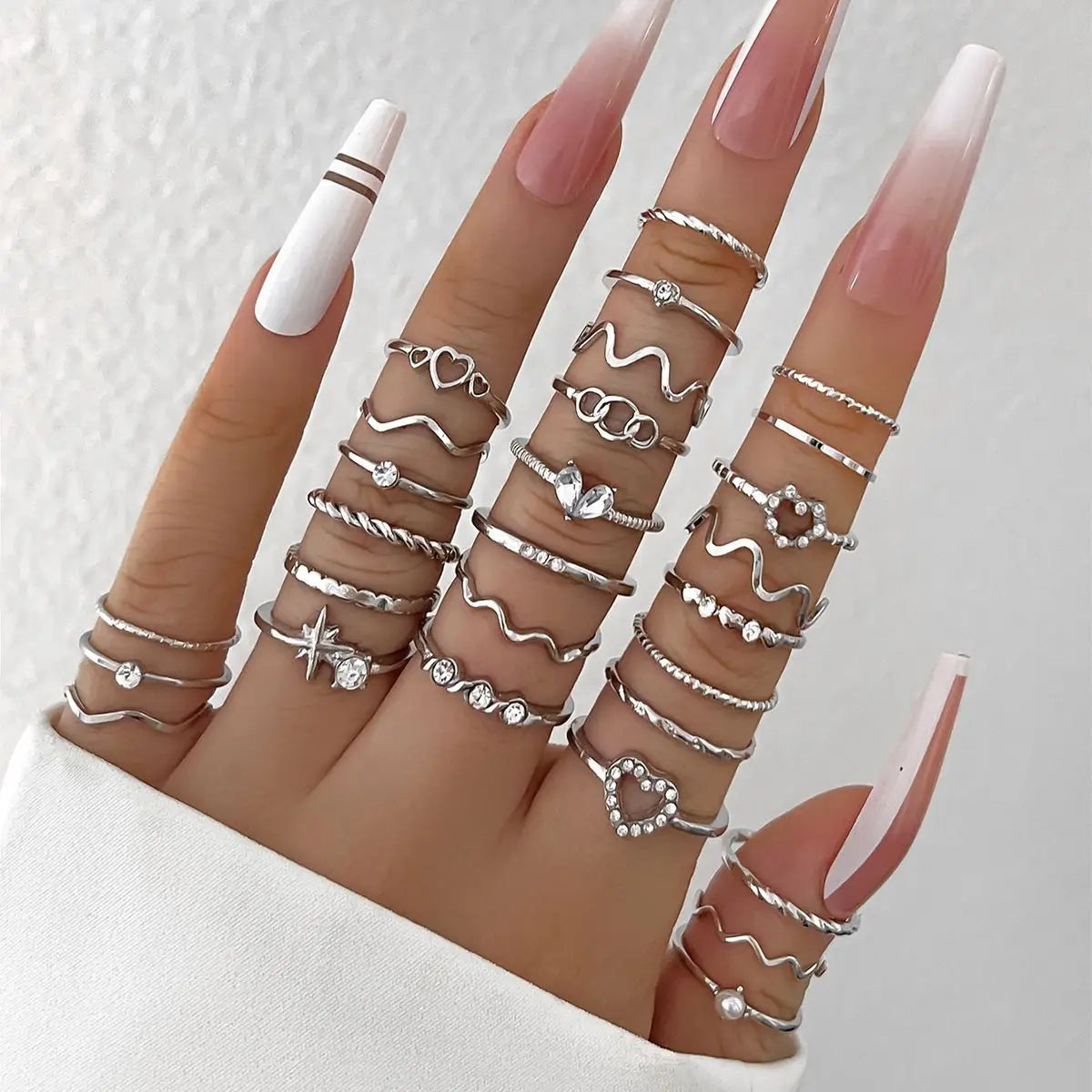 Crystal Wave & Heart Ring Set | Bohemian Stackable Rings for Women