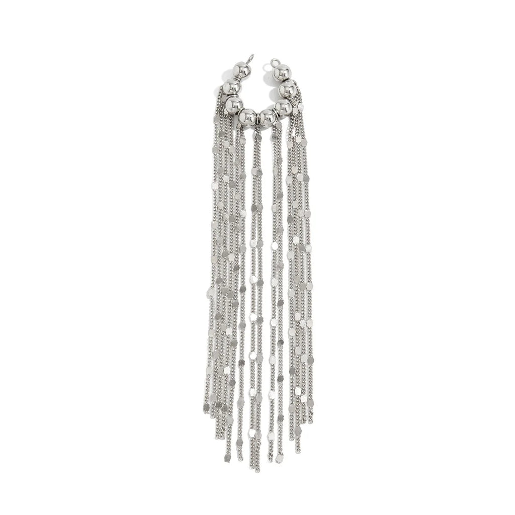 Silver chain tassel ear clips with round stud tops and many dangling chain strands