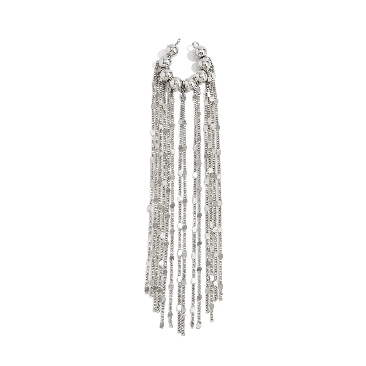 Silver chain tassel ear clips with round stud tops and many dangling chain strands