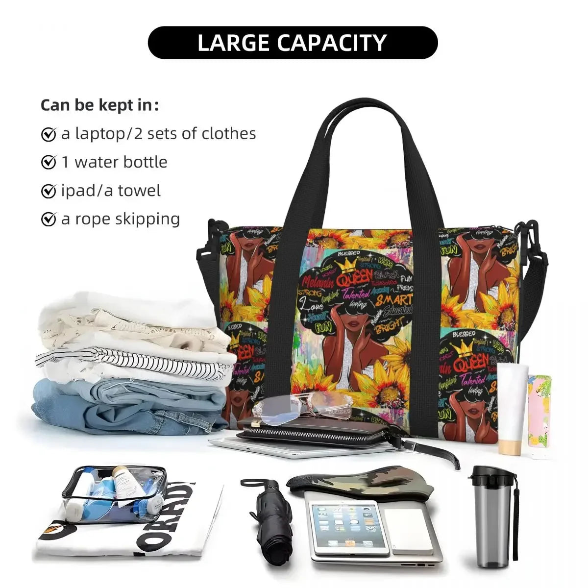 African American Woman Large Capacity Tote Bag | Beach, Gym & Travel Duffle