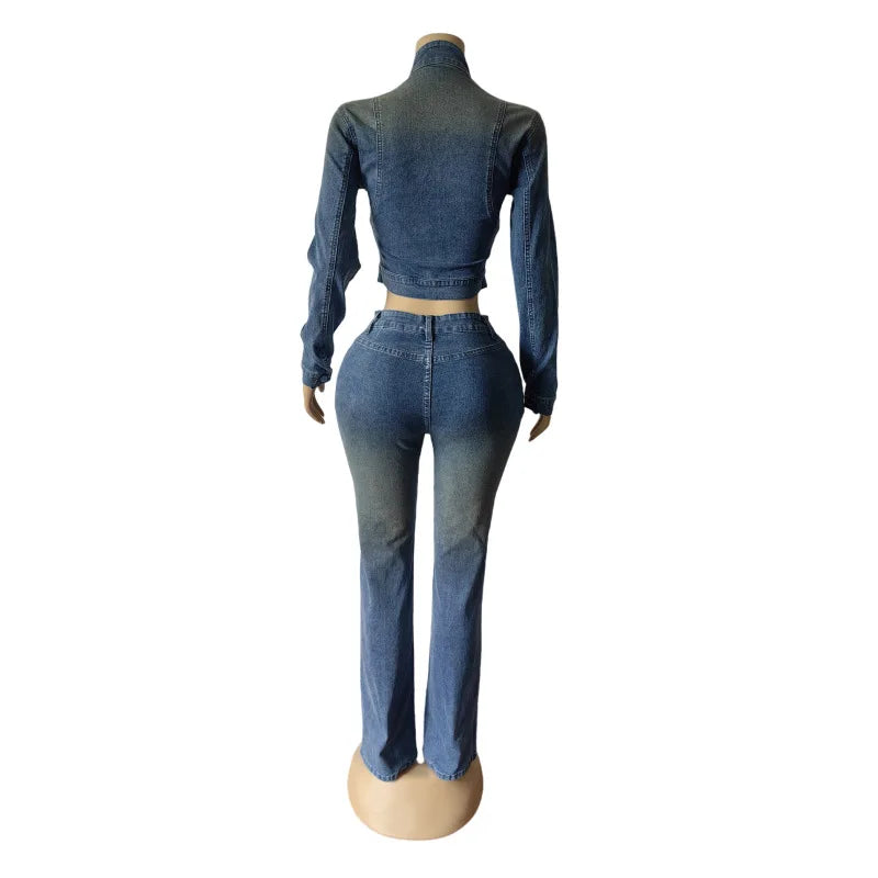 Denim Jacket & Trousers 2-Piece Set | Sexy Club Streetwear for Women