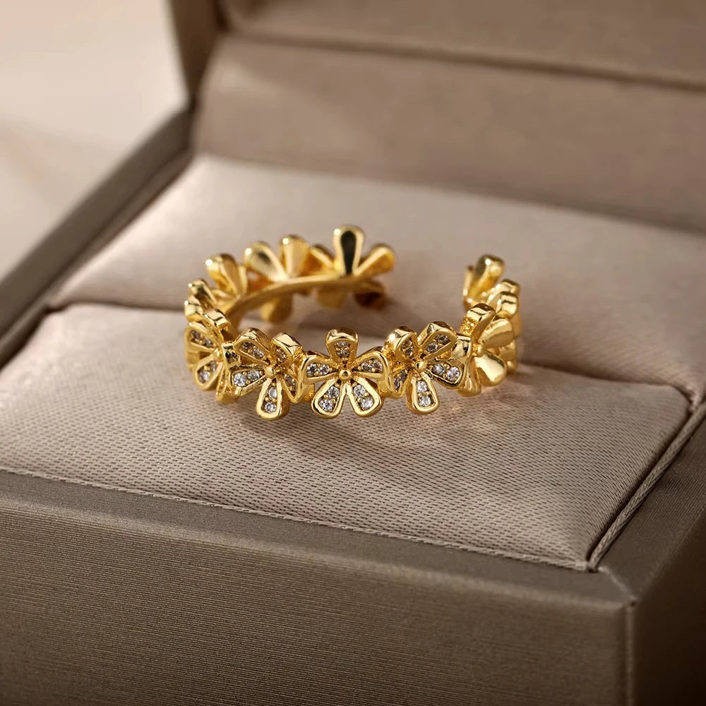 Zircon Geometric Ring Collection | 18K Gold-Plated Adjustable Stainless Steel Rings for Women
