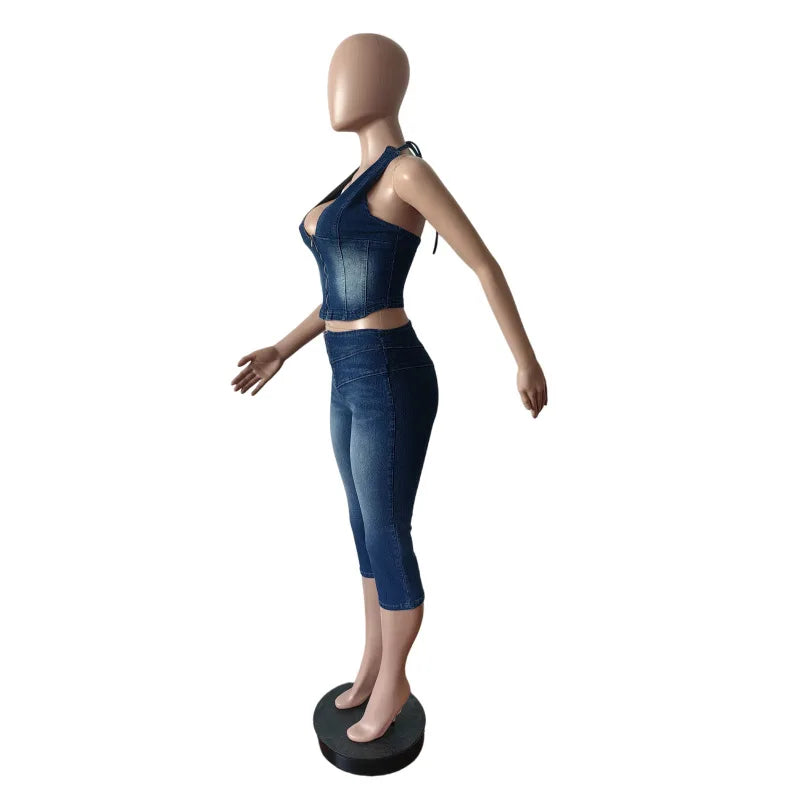 Y2K Denim Halter Crop Top & Jeans 2-Piece Set | Backless Streetwear for Women