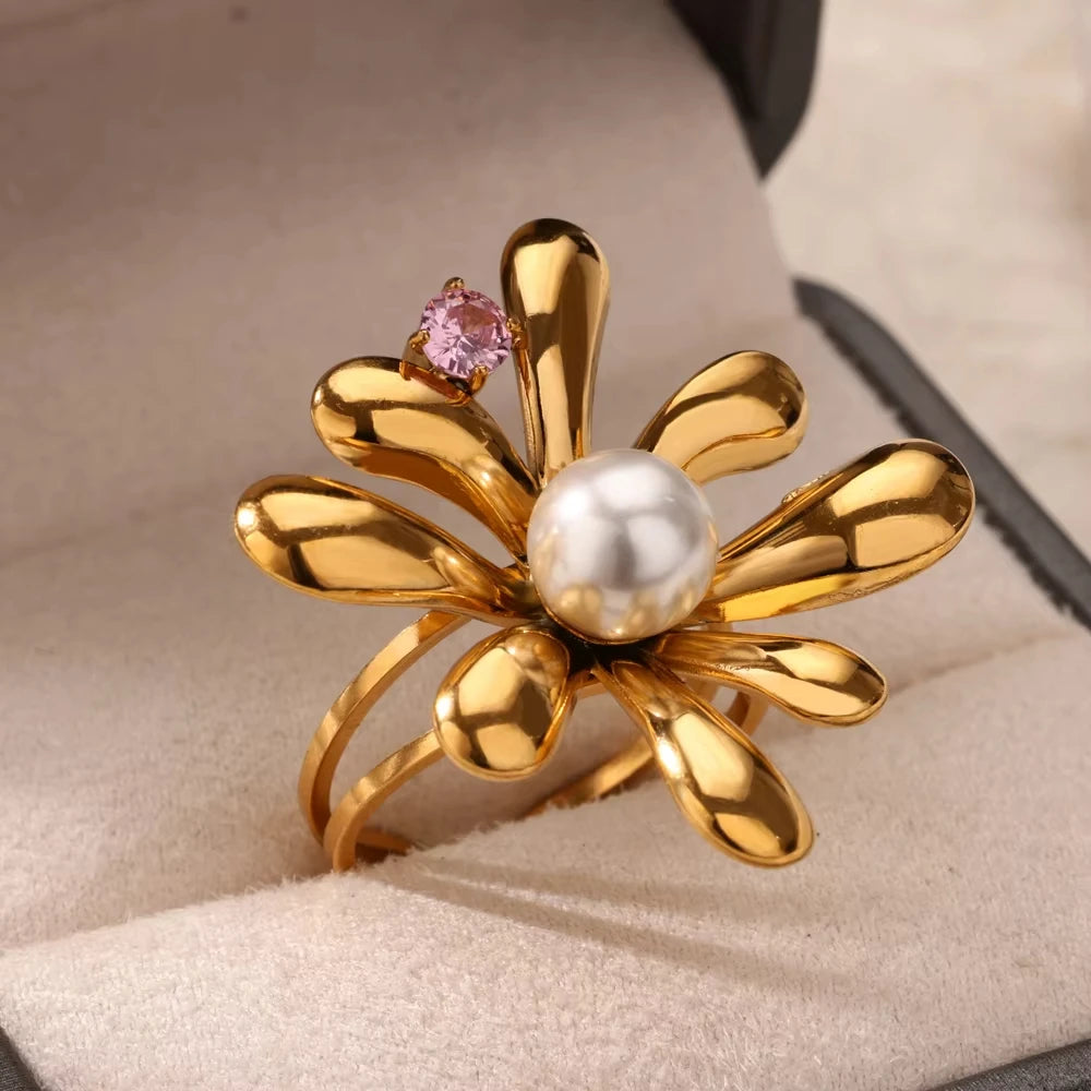 Zircon Geometric Ring Collection | 18K Gold-Plated Adjustable Stainless Steel Rings for Women