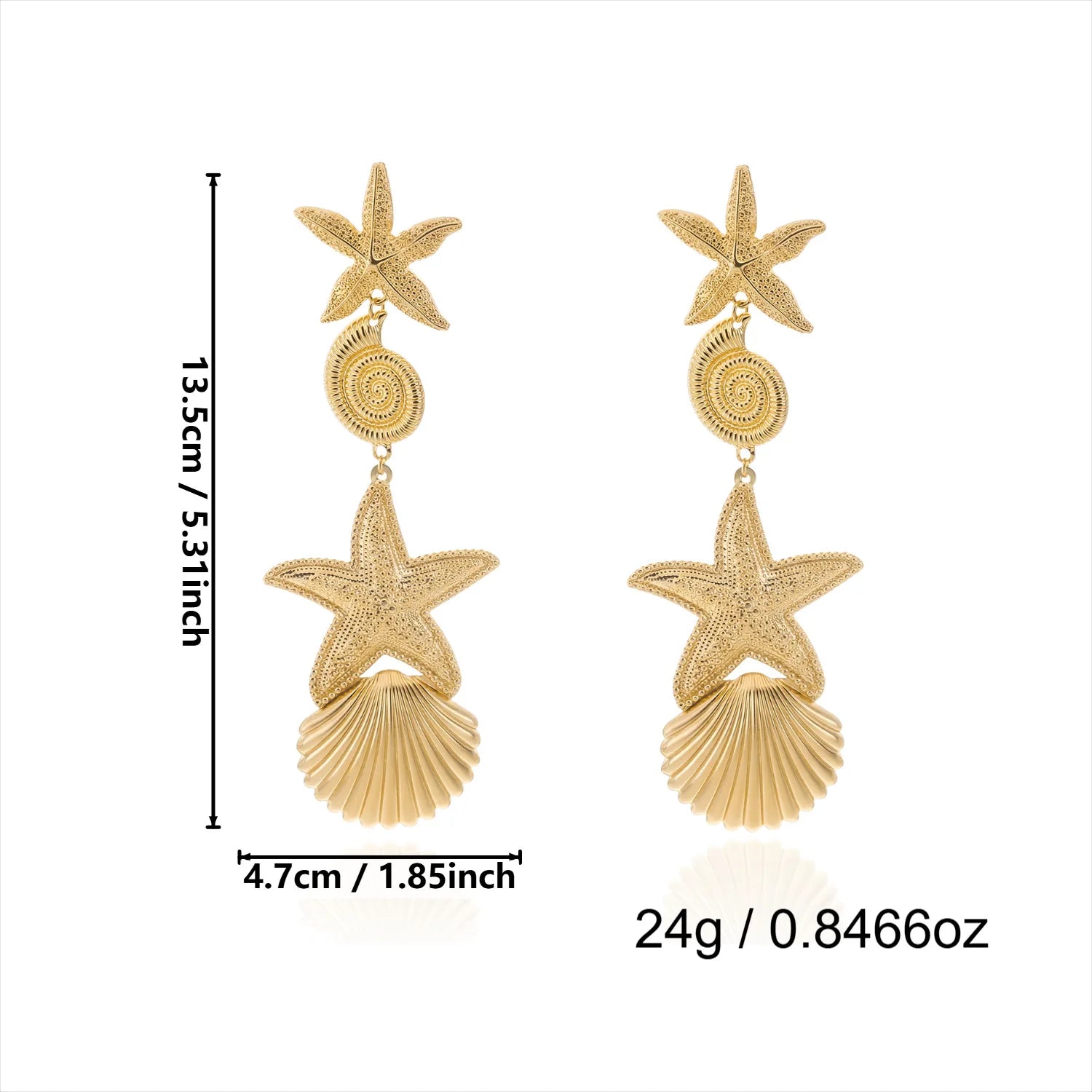 Gold starfish and seashell drop earrings with spiral medallion, size diagram