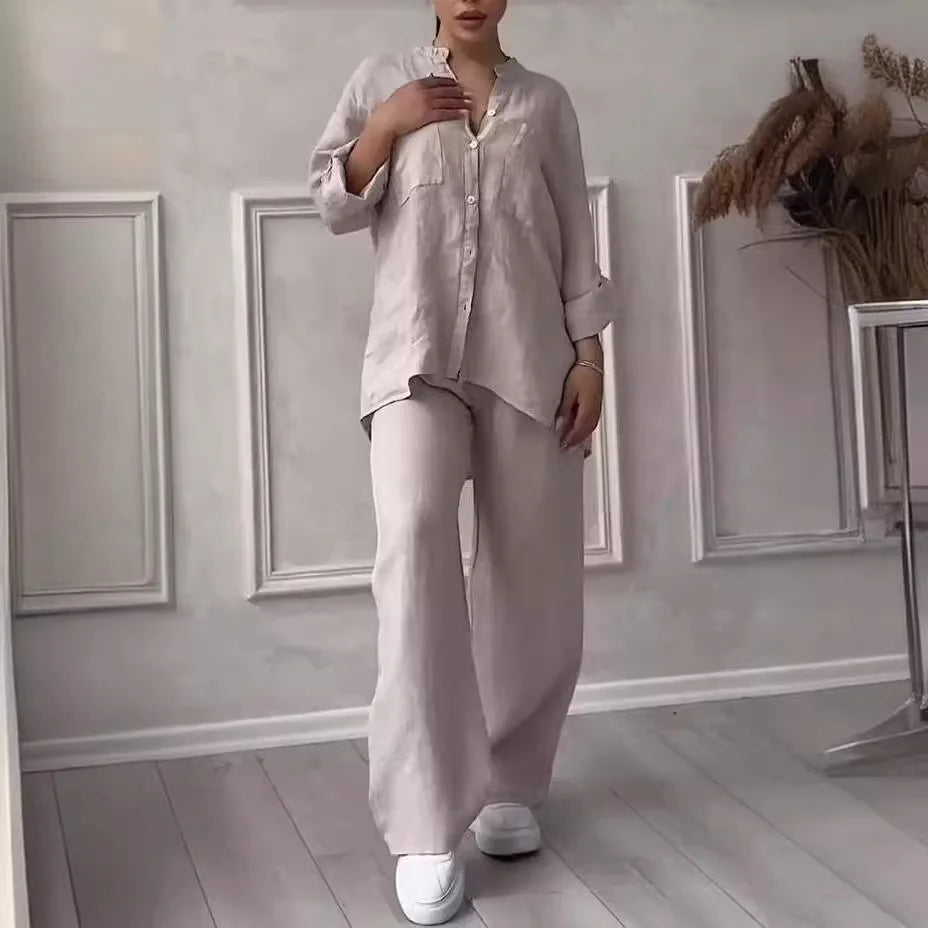 Women's plus size linen button-front shirt and drawstring pants set, white, side view