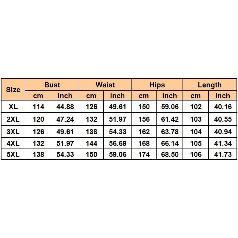 Size chart table for plus size sleeveless printed midi dress, XL to 5XL measurements